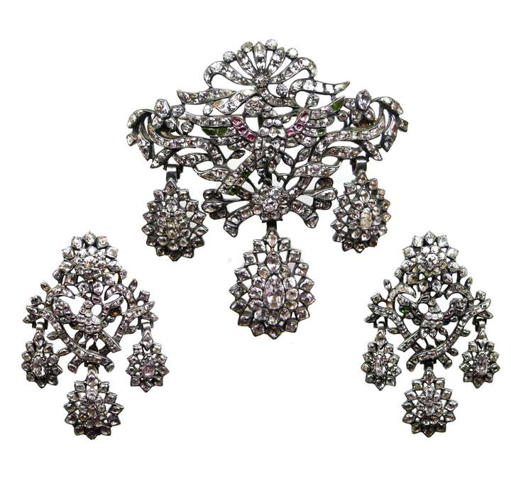18th century white topaz and gem set triple drop brooch-pendant and pair of earrings